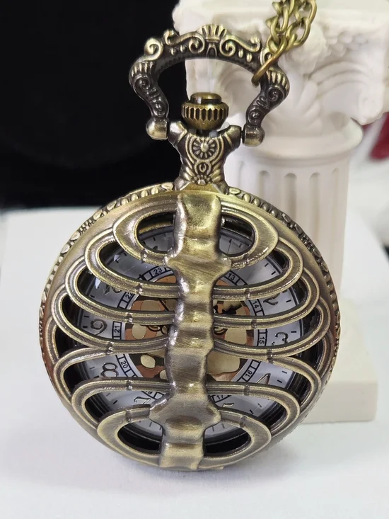 Skeleton Ribcage Pocket Watch Gothic Cutout Bone Skull Steampunk Alt Antique - Picture 3 of 8